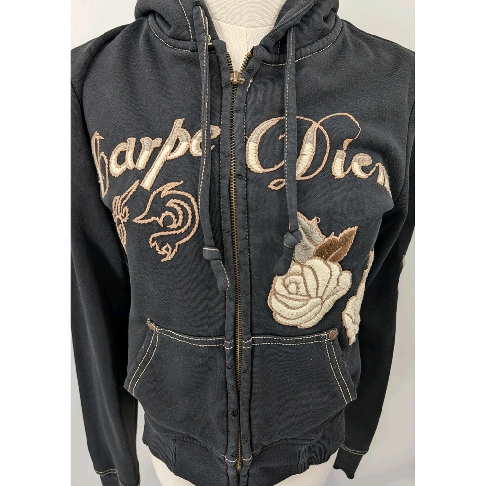 Y2K Limited Miss Me Le lotus Bleu Embroidered Distressed Skull Full Zip Hoodie M - Picture 9 of 14